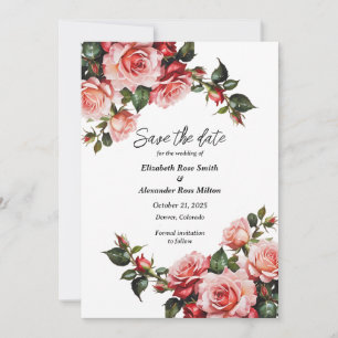 Dark moody pink and red roses green wedding save the date
