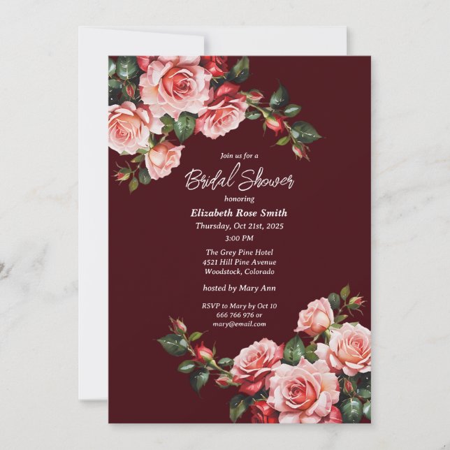 Dark moody pink and red roses maroon bridal shower invitation (Front)