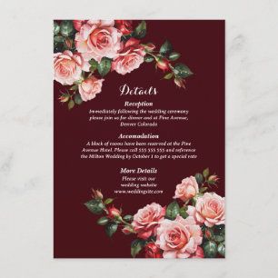 Dark moody pink and red roses maroon wedding enclosure card
