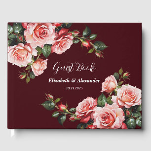 Dark moody pink and red roses maroon wedding guest book