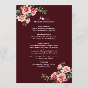 Dark moody pink and red roses maroon wedding menu