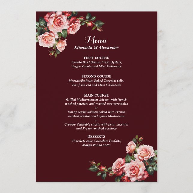 Dark moody pink and red roses maroon wedding menu (Front)