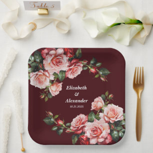 Dark moody pink and red roses maroon wedding paper plate