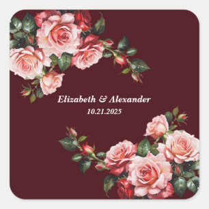 Dark moody pink and red roses maroon wedding square sticker