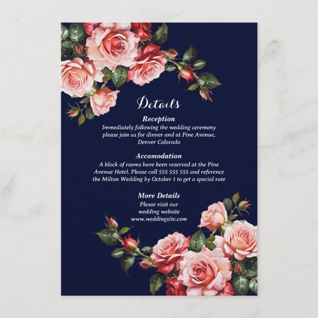 Dark moody pink and red roses navy blue wedding enclosure card (Front)