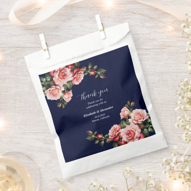 Dark moody pink and red roses navy blue  wedding favour bags (Clipped)