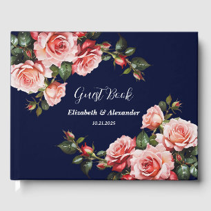 Dark moody pink and red roses navy blue wedding guest book