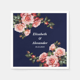 Dark moody pink and red roses navy blue wedding  napkin