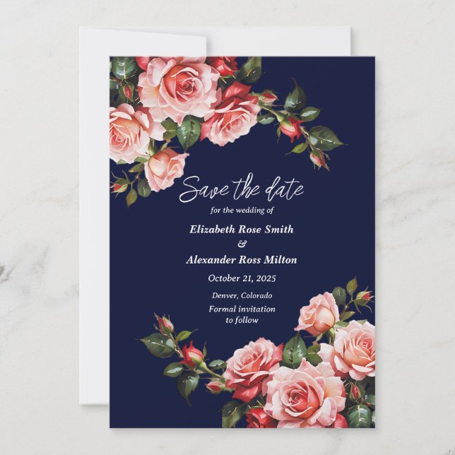 Dark moody pink and red roses navy blue wedding save the date (Front)