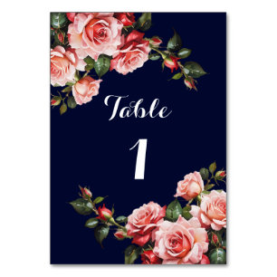 Dark moody pink and red roses navy blue  wedding table number