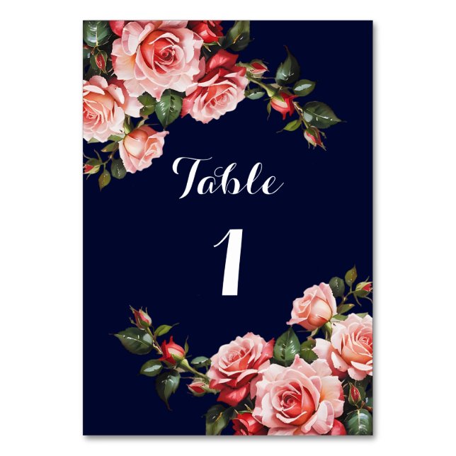 Dark moody pink and red roses navy blue  wedding table number (Front)
