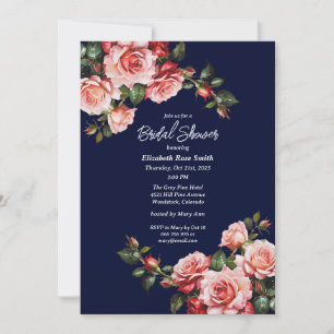 Dark moody pink and red roses navy bridal shower invitation