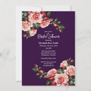 Dark moody pink and red roses purple bridal shower invitation