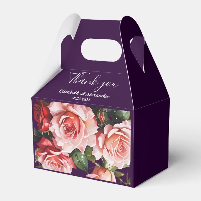 Dark moody pink and red roses purple wedding  favour box (Front Side)