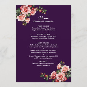 Dark moody pink and red roses purple wedding menu