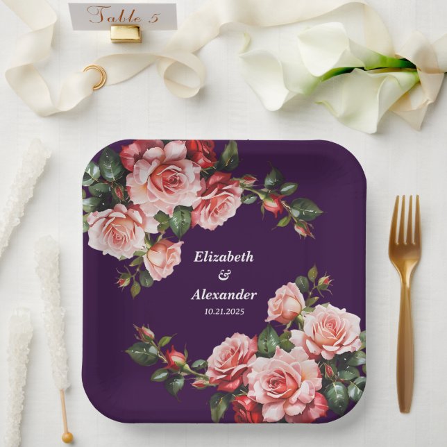 Dark moody pink and red roses purple wedding paper plate (Wedding)
