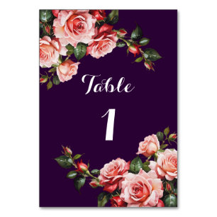 Dark moody pink and red roses purple wedding table number