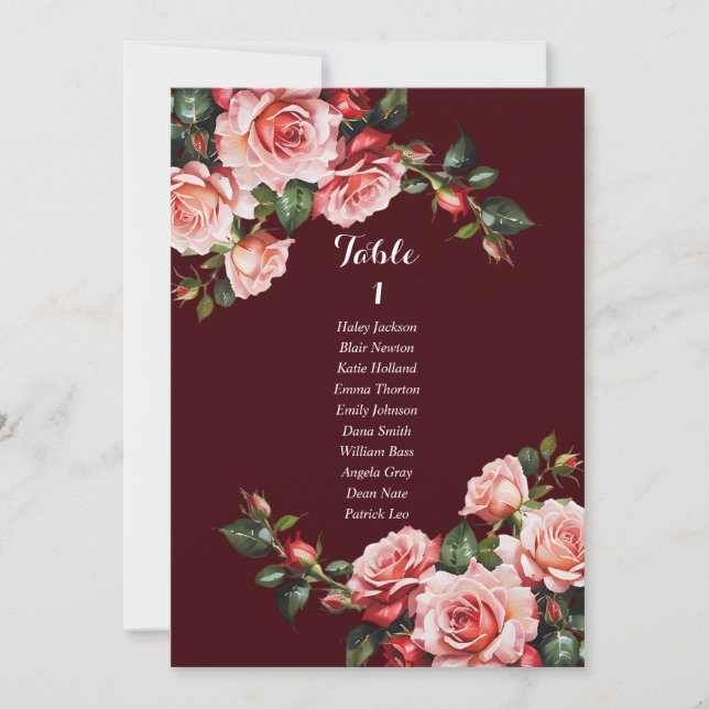 Dark moody pink and red roses seating chart card (Front)