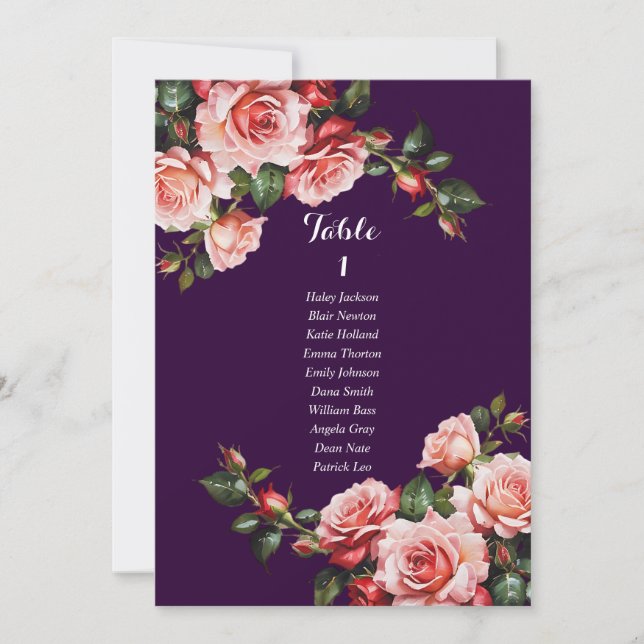 Dark moody pink and red roses seating chart card (Front)