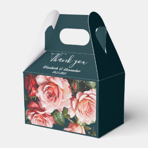 Dark moody pink and red roses teal wedding  favour box