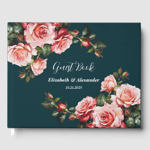 Dark moody pink and red roses teal wedding guest book