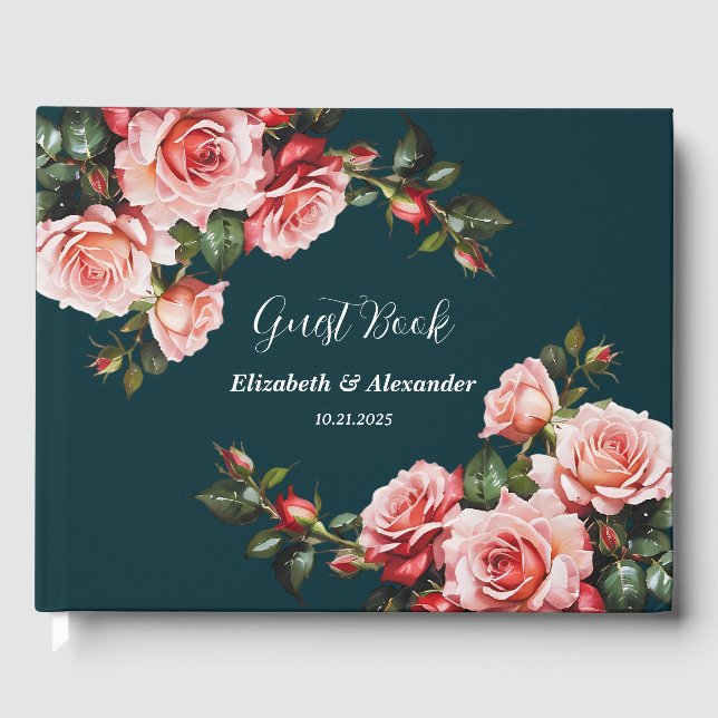 Dark moody pink and red roses teal wedding guest book (Front)