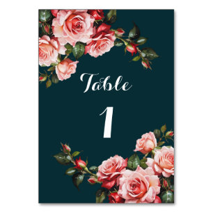 Dark moody pink and red roses teal wedding table number