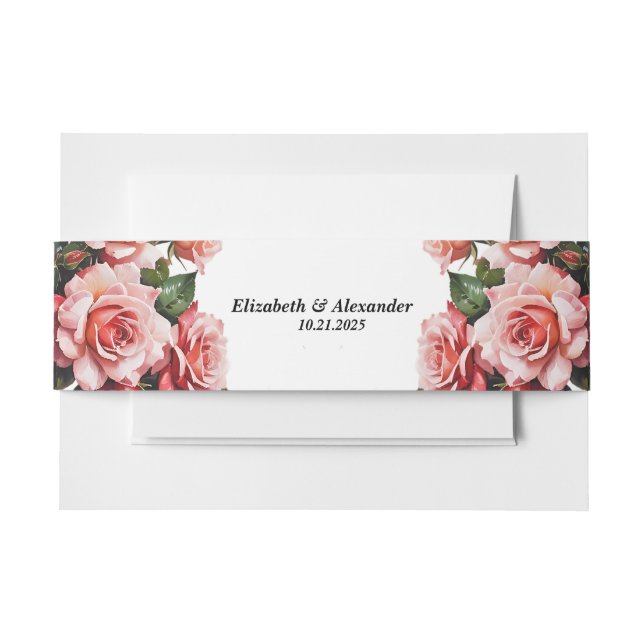 Dark moody pink and red roses wedding invitation belly band (Front Example)