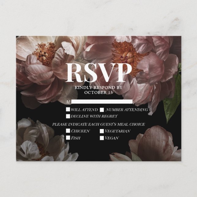 Dark Moody Pink Floral Meal Choices Wedding RSVP Invitation Postcard (Front)
