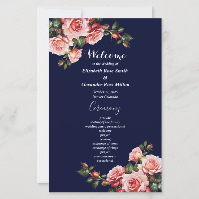Dark moody pink red roses navy wedding program (Front)