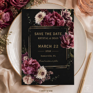 Dark Moody Plum Burgundy Peonies Floral Wedding Save The Date