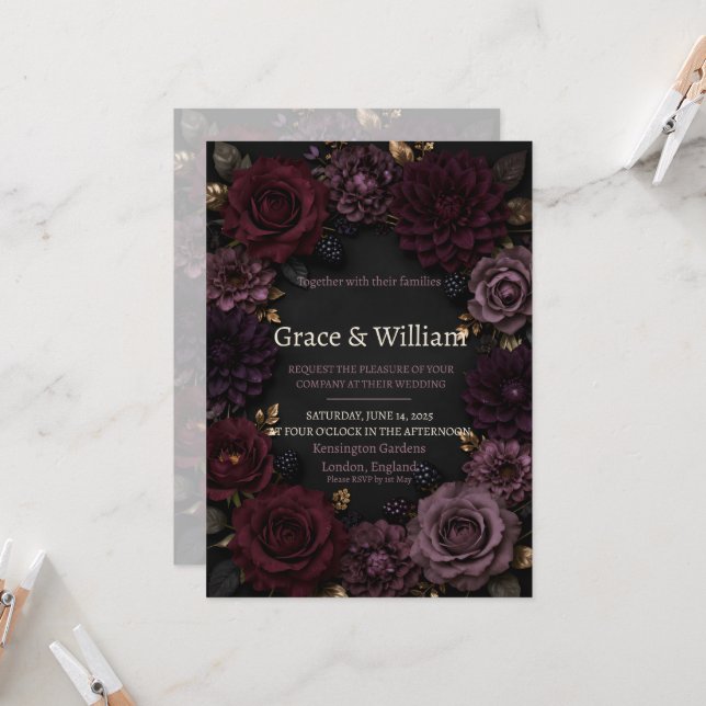Dark Moody Plum Purple Roses Wedding Invitation (Front/Back In Situ)