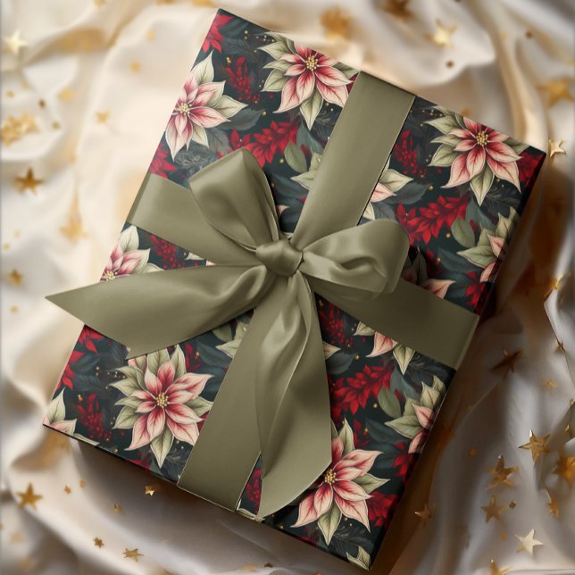 Dark Moody Poinsettia Floral Winter Holiday Wrapping Paper (Elegant Dark and Moody Poinsettia Floral Christmas and Winter Holiday Wrapping Paper)