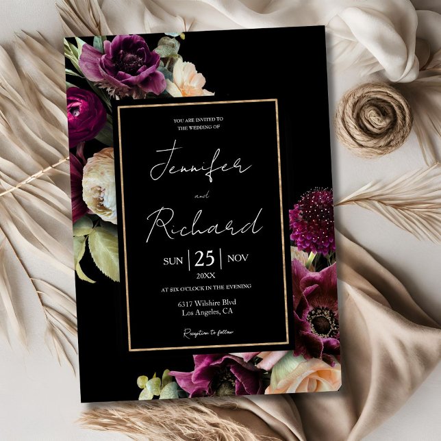 Dark & Moody Purple Bloom Bloom Black Wedding  Invitation (Creator Uploaded)