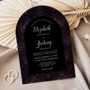 Dark Moody Purple Floral Black Arch Wedding Invitation