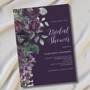 Dark Moody Purple Floral Bridal Shower  Invitation
