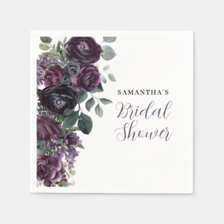 Dark Moody Purple Floral Bridal Shower Napkin