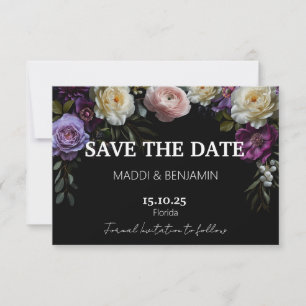 Dark Moody Purple Floral Save the Date Card