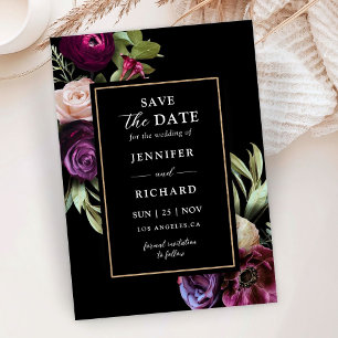 Dark Moody Purple Flowers Black Save The Date Invitation