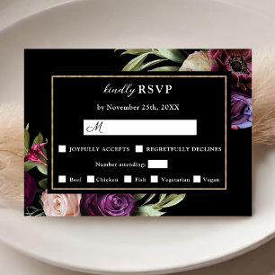 Dark Moody Purple Flowers Modern Black RSVP Cards