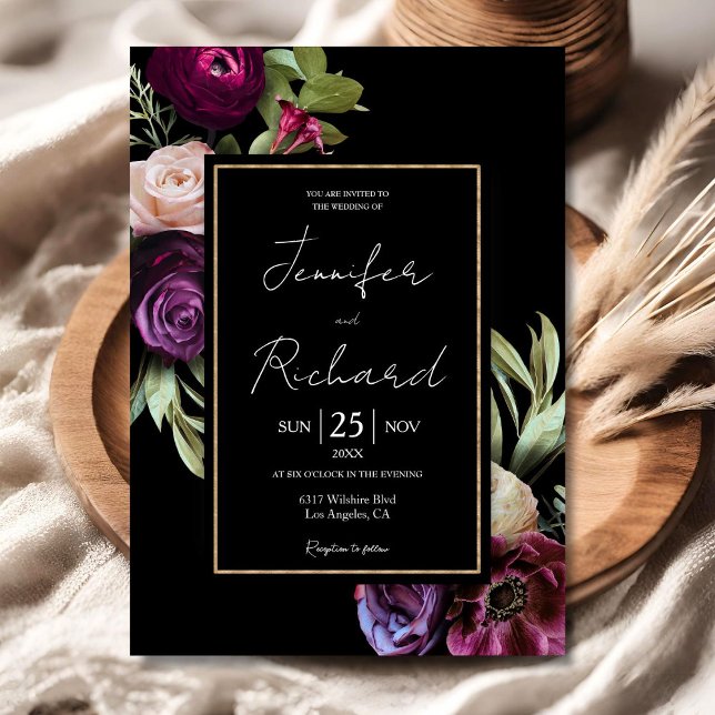Dark Moody Purple Flowers Modern Elegant Invitation (Creator Uploaded)