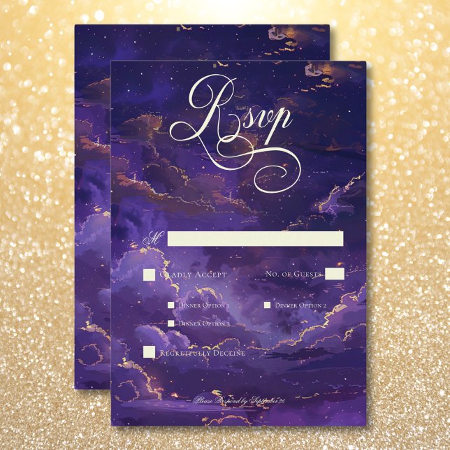 Dark Moody Purple & Gold Moonlit Clouds Dinner RSVP Card (Dark Moody Purple & Gold Moonlit Clouds Dinner RSVP Card)