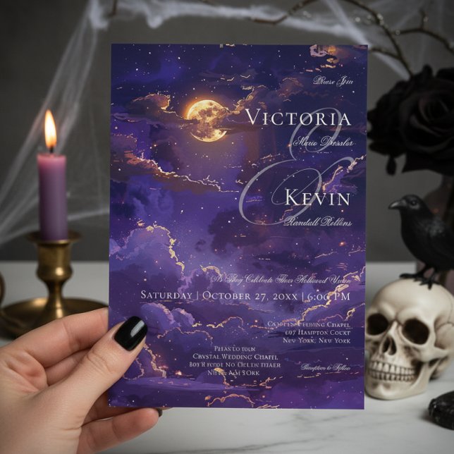 Dark Moody Purple & Gold Moonlit Clouds Wedding Invitation (Dark Moody Purple & Gold Moonlit Clouds Wedding Invitation)