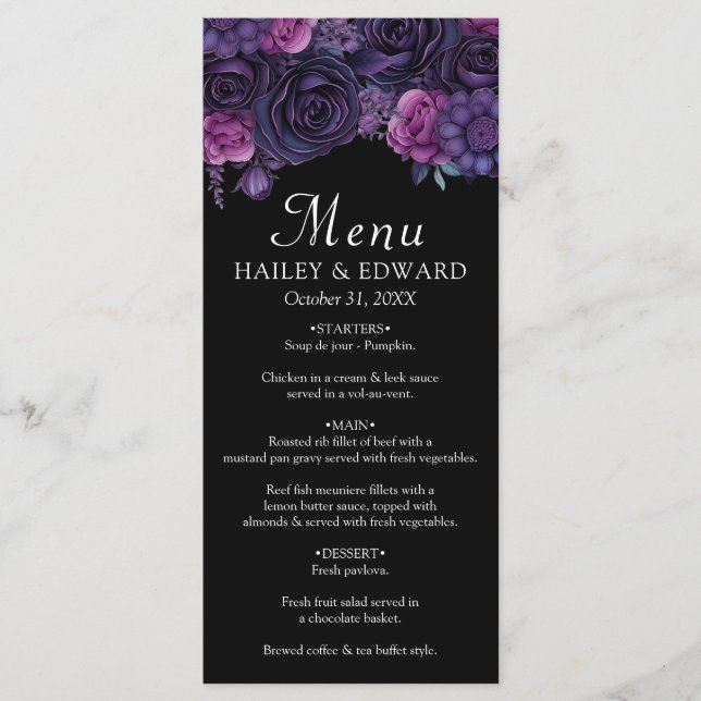 Dark Moody Purple Gothic Florals Wedding Menu (Front)