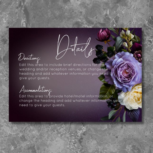 Dark Moody Purple Lavender Floral Modern Details Enclosure Card (Creator Uploaded)