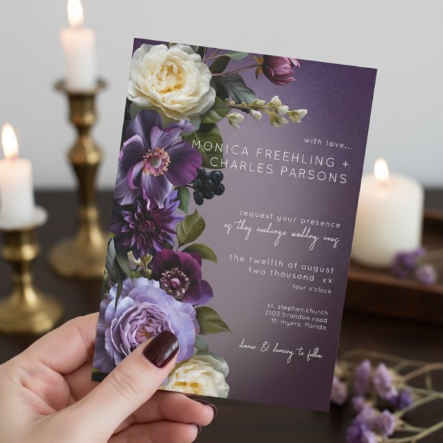 Dark Moody Purple Lavender Floral Modern Wedding Invitation (Creator Uploaded)