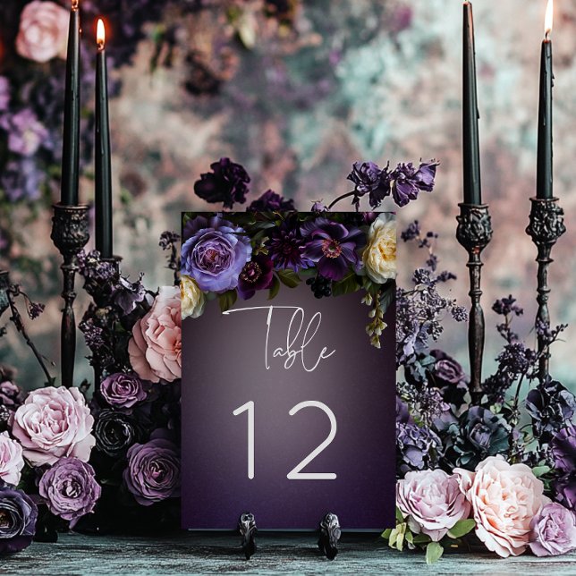 Dark Moody Purple Lavender Floral Modern Wedding Table Number (Creator Uploaded)