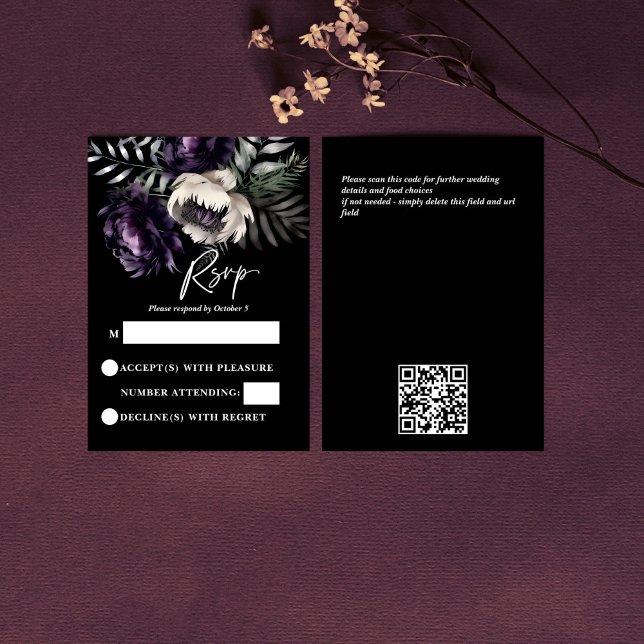 Dark moody purple peonies RSVP card (Dark moody purple peonies wedding RSVP card gothic wedding rsvp modern qr rsvp)