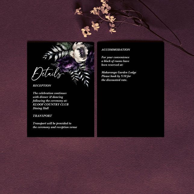 Dark moody purple peonies wedding details enclosure card (Dark moody purple peonies wedding details enclosure card)