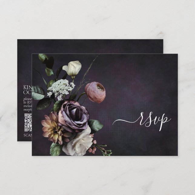 Dark Moody Purple Script Floral QR Code RSVP Card (Front/Back)